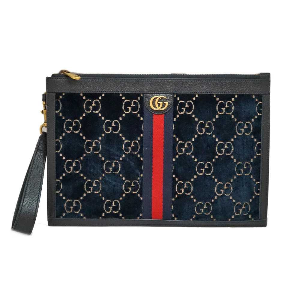 GUCCI GG Supreme Clutch Bag Navy Blue Sherry